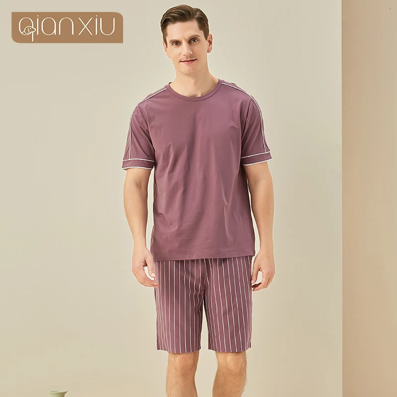 Summer Mens Cotton Solid Color Short Sleeve Round Collar Top Stripe Shorts Home Set Simple Sleepwear Suit 240713