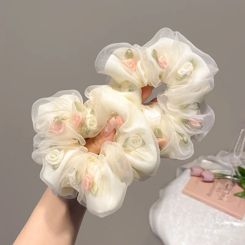 Mesh flowers large intestine hair rings female high elasticity ponytail rubber band head rope temperament girl Hairrope headgear 240709
