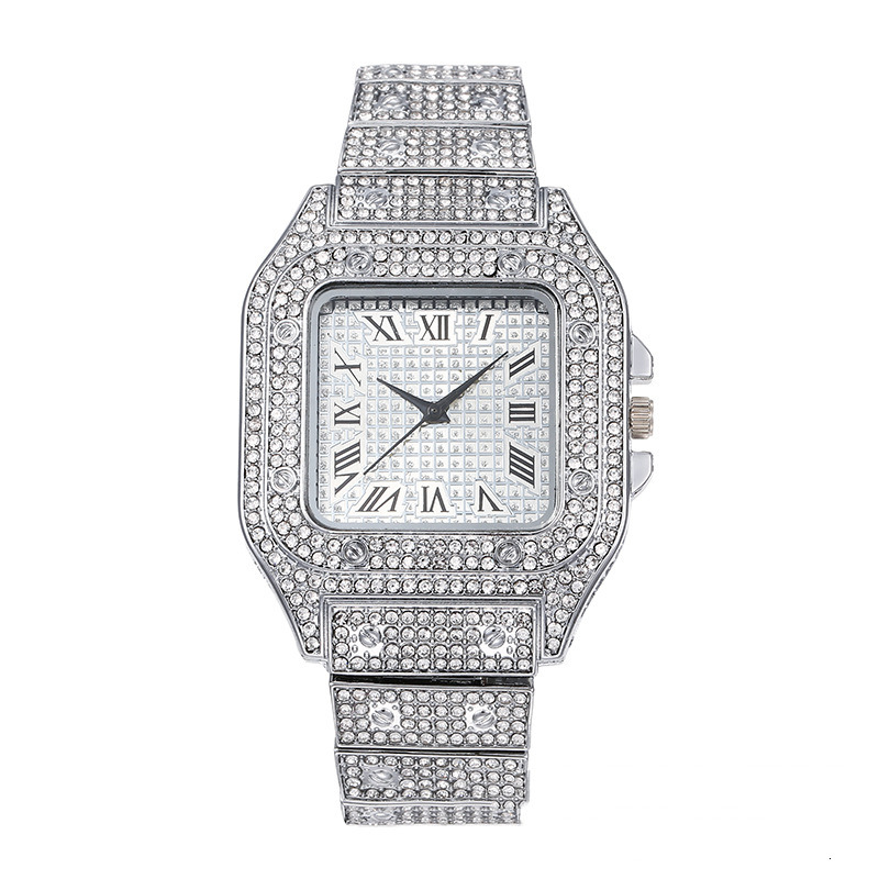 Hip Hop Homme et modèles féminins Diamond Diamant Square Quartz Mouvement de bracelet Plein d'étoiles
