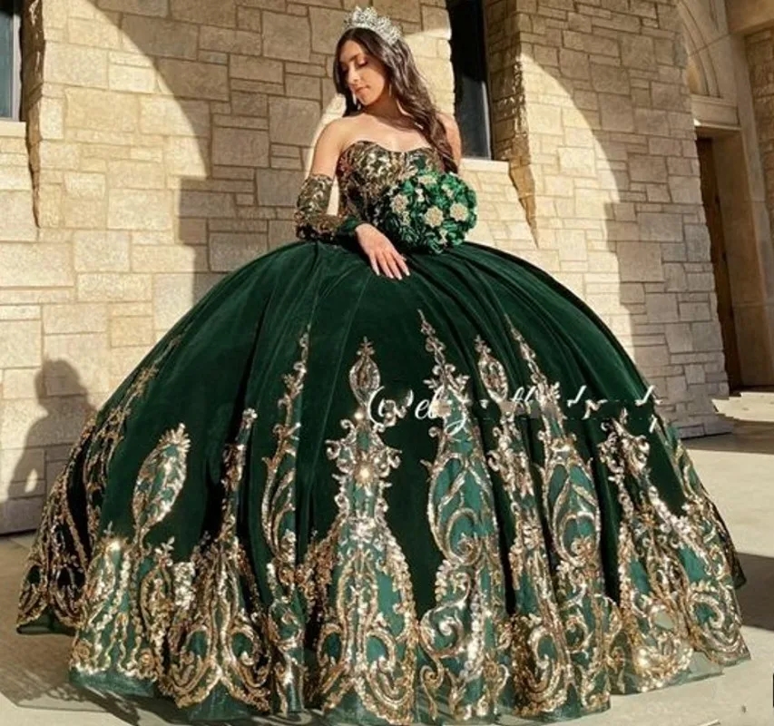 Dark Green Puffy Velvet Quinceanera Dresses 2024 Strapless Gold Lace Applique Girl Pageant Wear Sweet 15 16 Gowns Vestidos