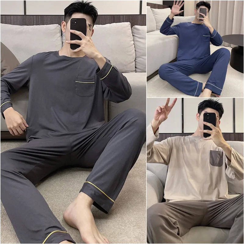 Mens LongSleeved Pullover Pajamas Knitted Cotton Large Size Sports Simple Leisure Homewear Round Neck Solid Loungewear 240713