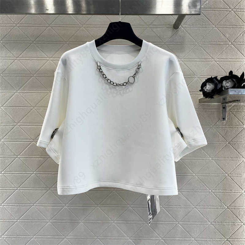 Luxury T-shirts Women Designer T Shirt Waistband With Customized Silver Buckle Adjustment Round Neckline With Chain Trim Short Tops Womens Tshirt-image-838582738