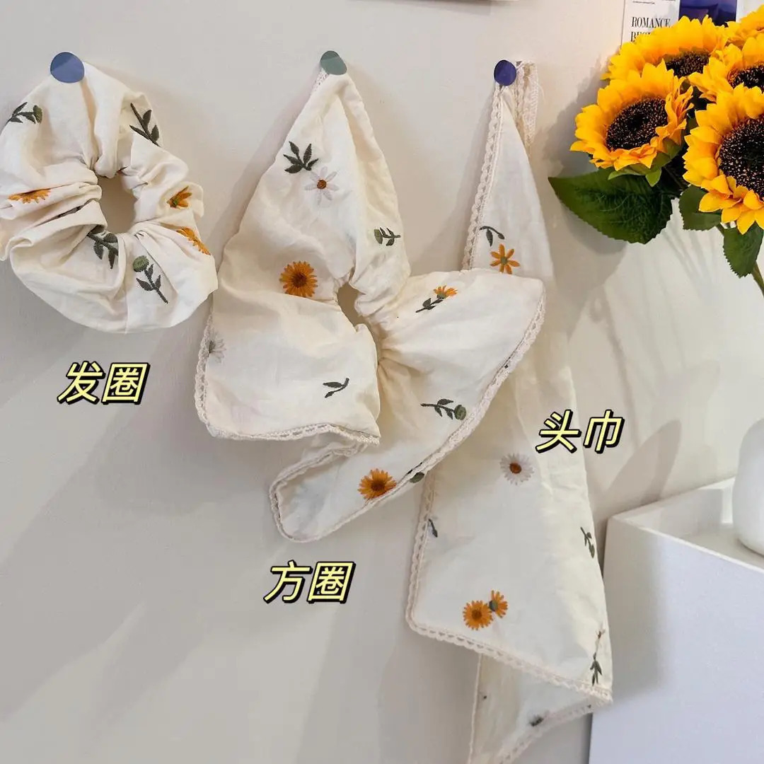 irregular embroidery daisy warm sweet literary cotton linen niche womens hair tie turban square hair tie 240709