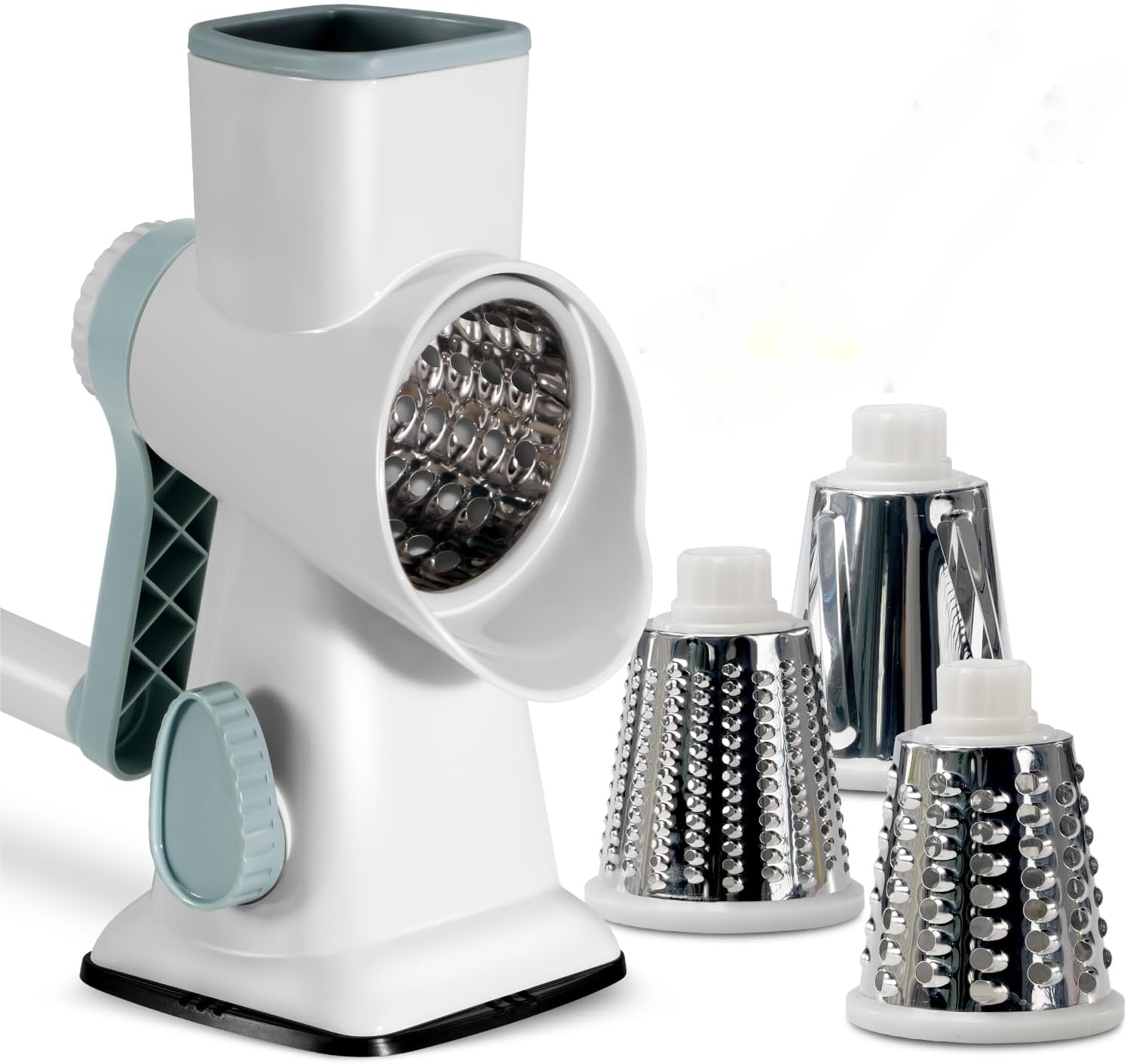 3-Blade Rotary Cheese Grater with Handle - Efficiently Shred Slice and Grate Cheese Vegetables Fruits and Nuts-image-1013166888