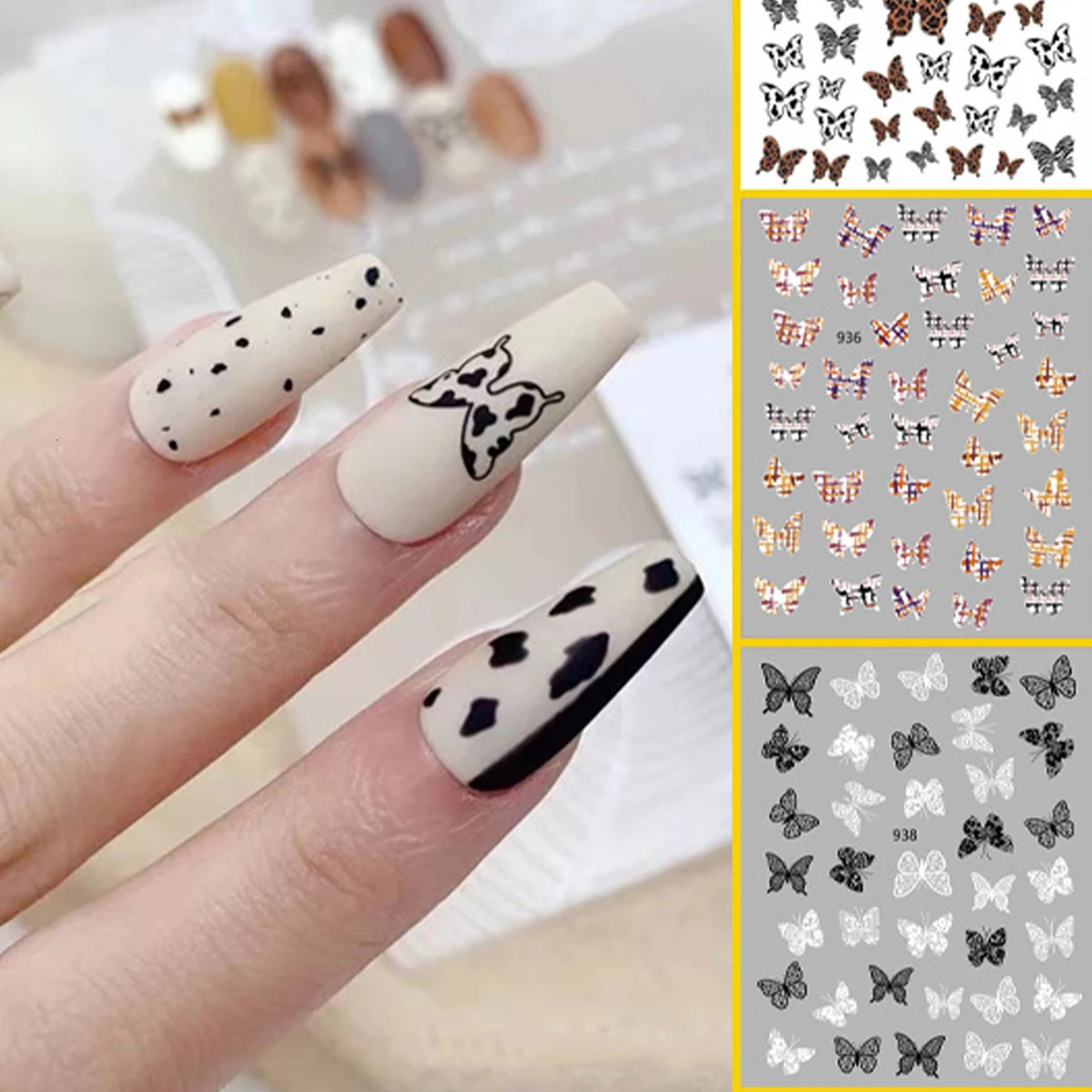 10PCS Cow Spot Butterfly 3D Nail Sticker Leopard Print Lace Butterfly Decorative Small Decal Nail Sticker 240711