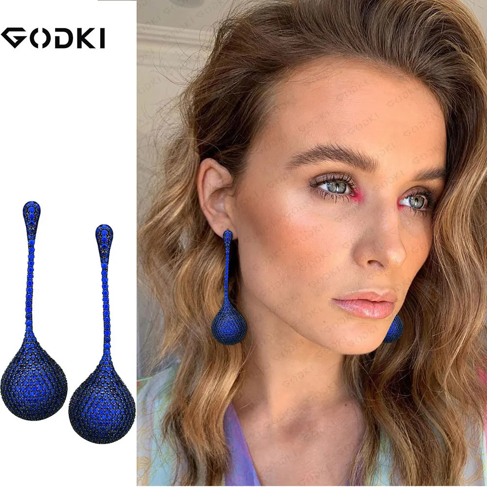 Godki personnalisé 2024 Charms disco balle corée boucles d'oreilles longues pour femmes mariage dubaï bijoux de fête de zircon cubique 240712