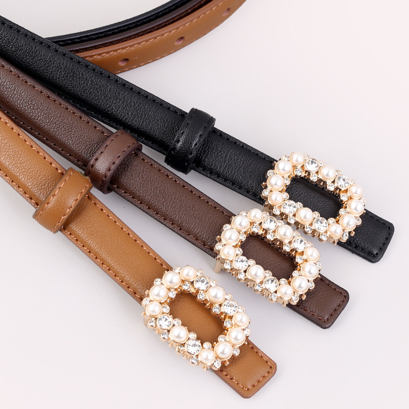 New womens belt inlaid with pearl rhinestone genuine leather belt decoration versatile denim belt-image-926219474