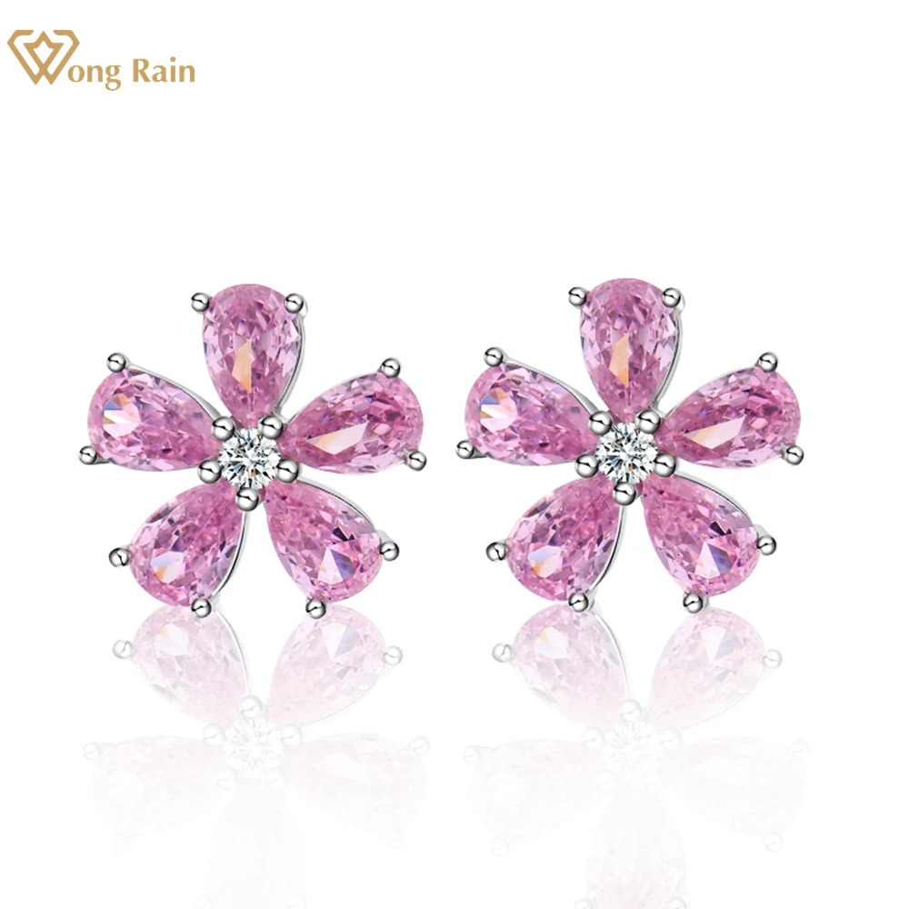 Wong Rain 100% 925 Sterling Silver Flowers Pink Sapphire Gemstone Women Ear Studs Earrings Wedding Party Fine Jewelry Wholesale 240717