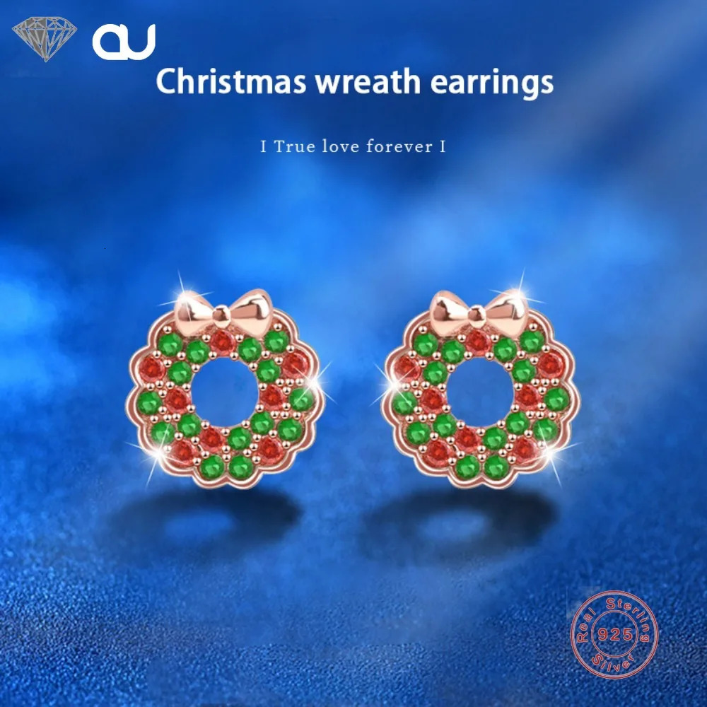 925 Sterling Silver Earrings for Women Colorful Stones Christmas Wreath Bow Party Gifts Fine Jewelry S925 Sterling Silver 240717