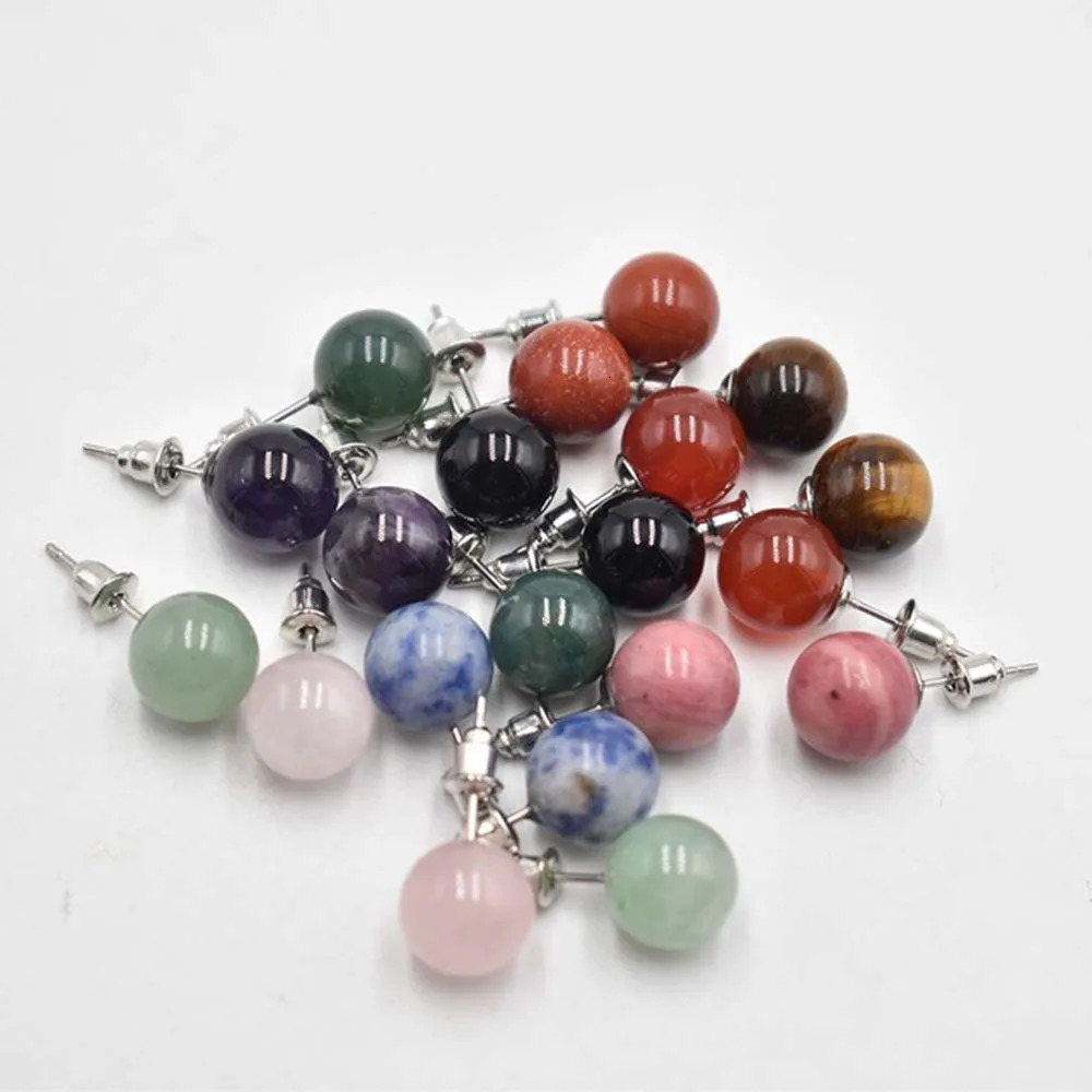 Natural stone mixed Stud Earrings amethysts Quartzs Round Ball Beads Silver Color Fashion Ear Jewlry for Women Girl 20pcs 240717