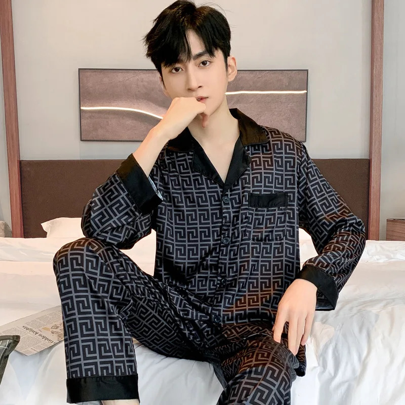 High Quality Satin Chiffon Pajamas Suit Men Spring Summer Ice Silk Long Sleeved Thin Sleepwear Set Male Home Wear Autumn Boy 240713