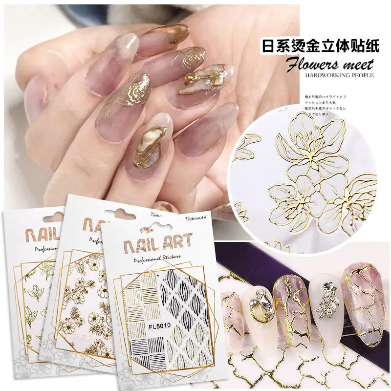 Flowers Gold Line Nail Art Sticker Black White Star Wave Nail Decoration Decal 3D Back glue Lotus Nail Slider 10PCS FL5019 240711