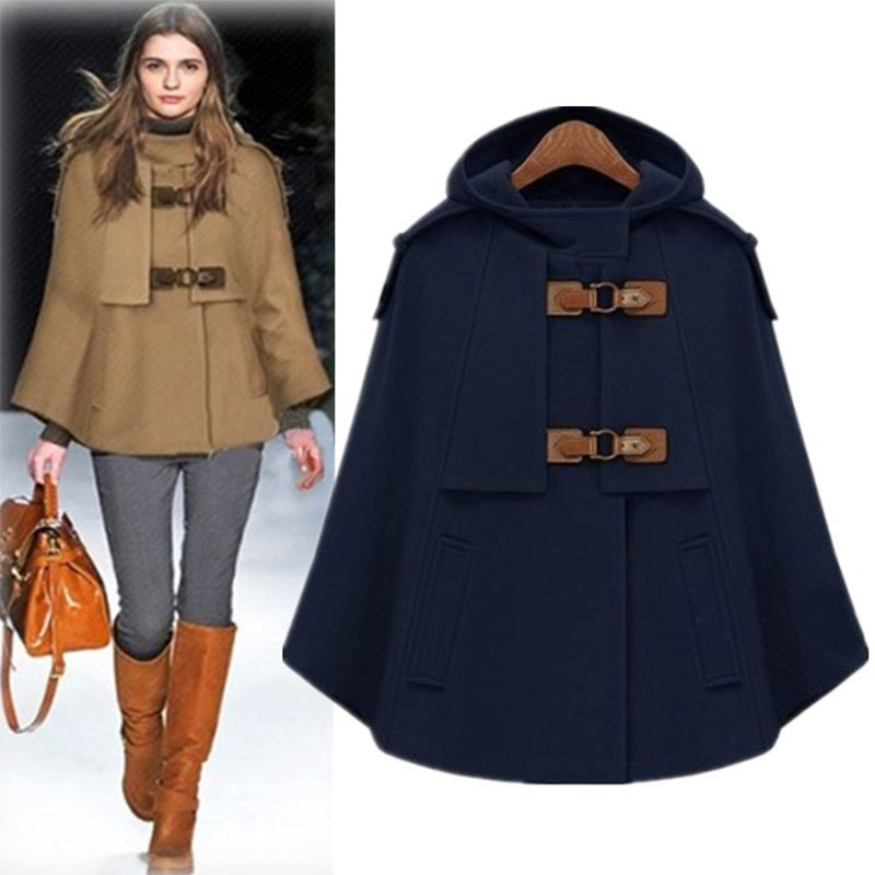 Autumn and winter 2023 new European and American fashion stand collar hooded shawl Cape cowhide buckle coat tweed coat women's clothing