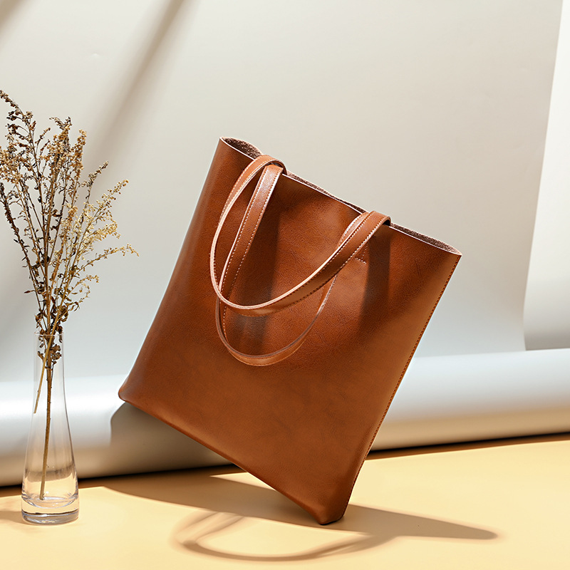 2024 Spring and Summer New Cowhide Women's Bag Fashion Women's Leather Bag Simple Tote Bag Large Capacity Portable Shopping Bag