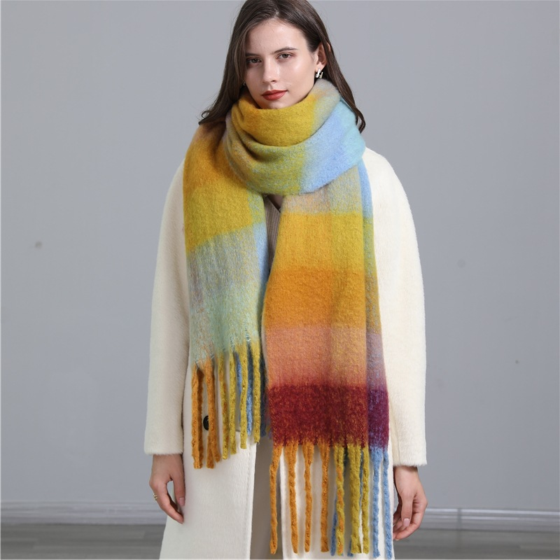 Autumn and Winter Scarf Cashmere Thickened Warm Striped Plaid Scarf Women's Fashion Tassel Long Men's and Women's Scarf Couple