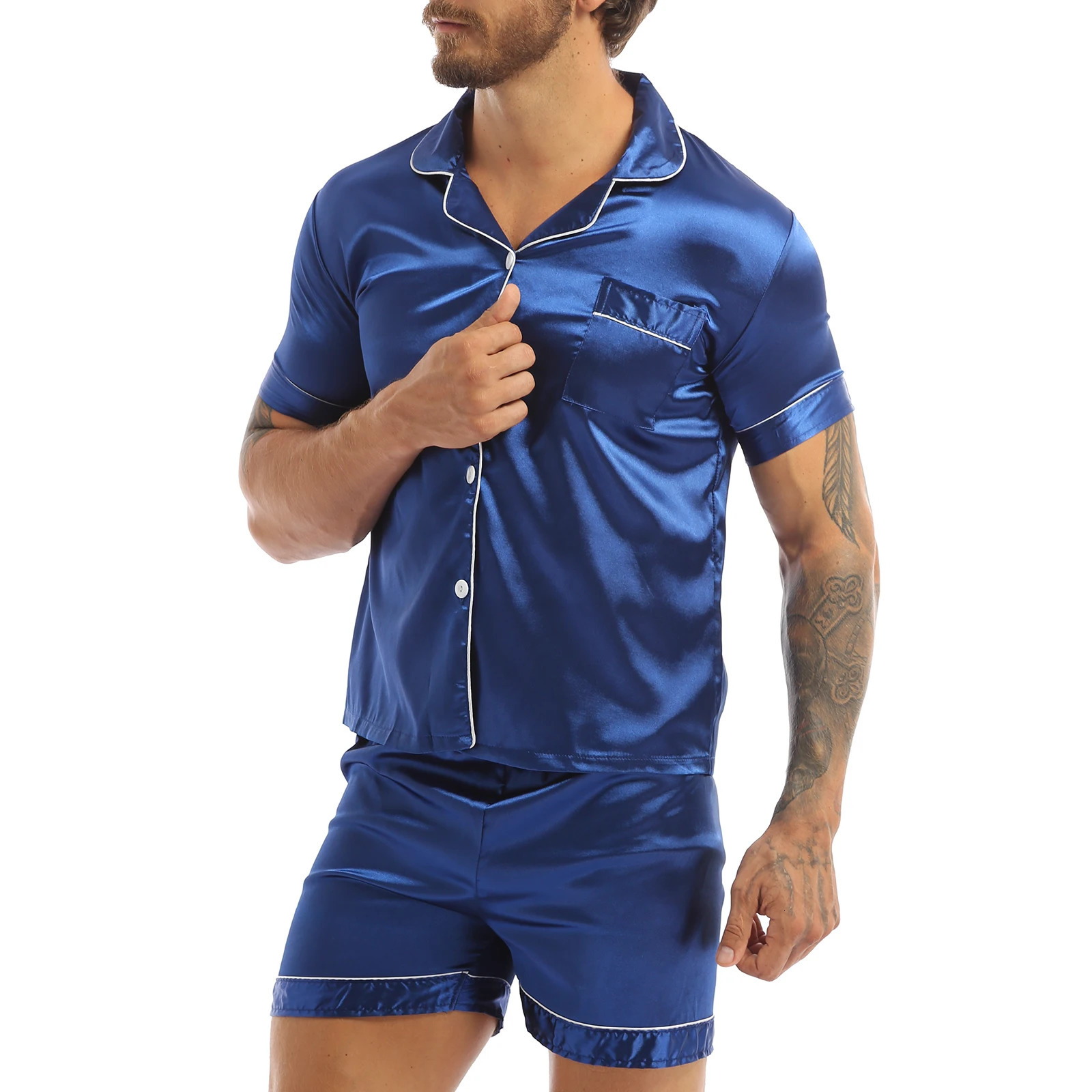 Fashion Mens Silky Satin Pajamas Set Solid Color Short Sleeves Button TShirt Tops with Elastic Waistband Boxer Shorts Sleepwear 240713