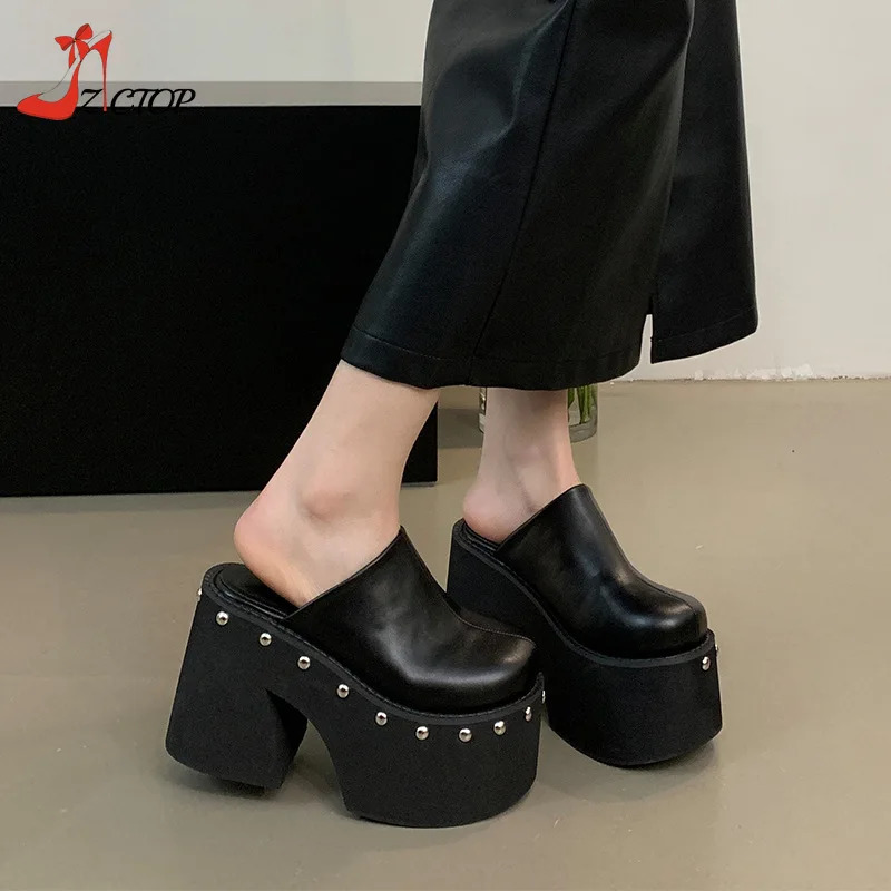 Sandales à plateforme pour femmes noir gothique bout fermé talons hauts volumineux curseur rivet curseur Y2k chaussures punk femmes taille d'été