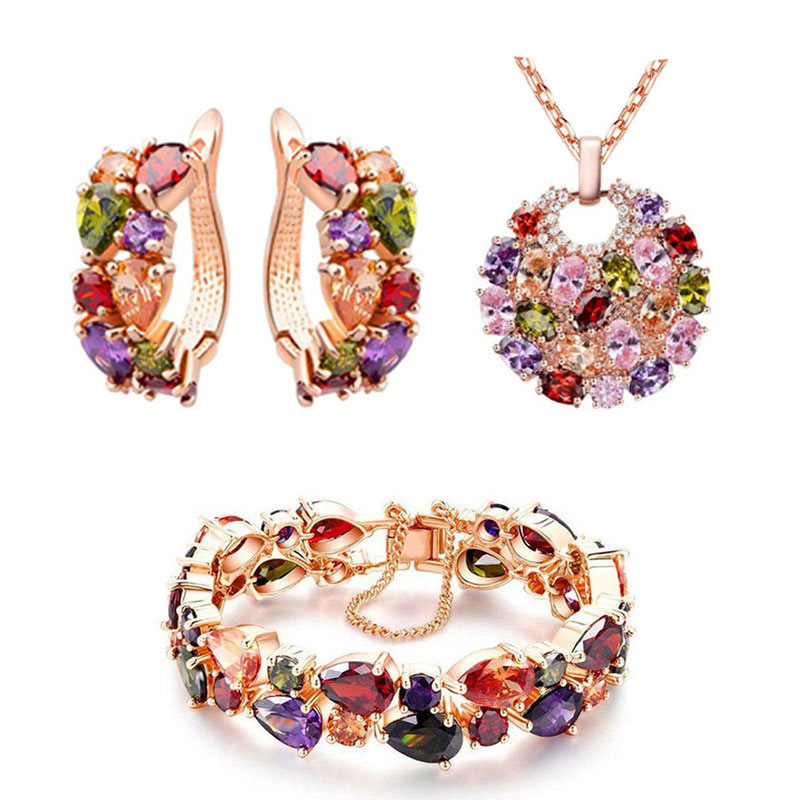 Ensemble de bijoux européens et américain Fashion Water Drop Crystal African Jewelry Bride Collier Set Colorful Zircon Three-Piece Set