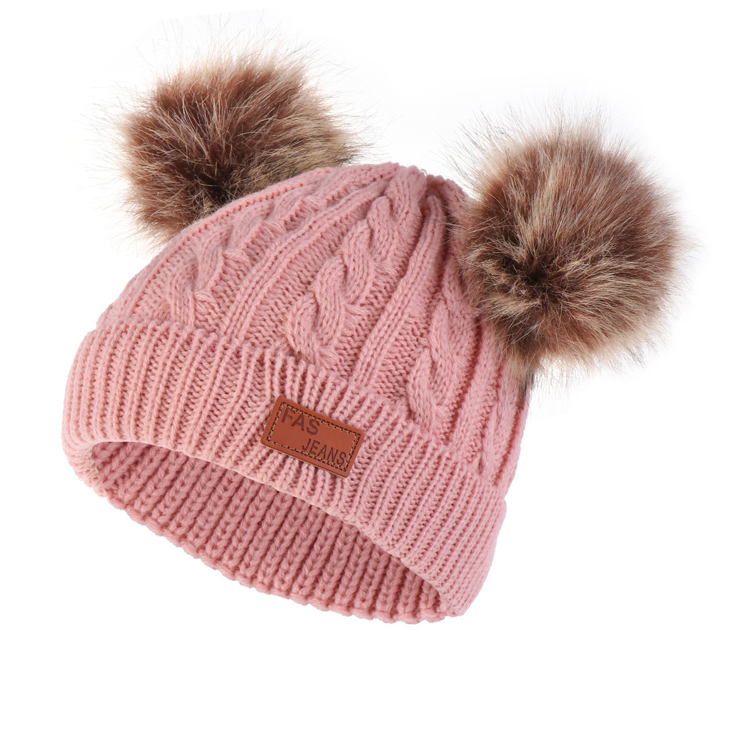 Autumn and Winter Children's Thickened Wool Hat Ear Double Hair Ball Warm Ear Protection Knitted Hat Set with Standard Solid Color Hat