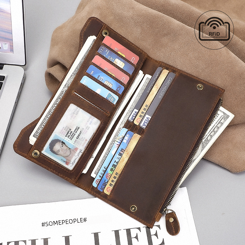 Jiameida retro leather wallet men's factory wholesale RFID anti-theft brush multi-card wallet long cowhide card bag
