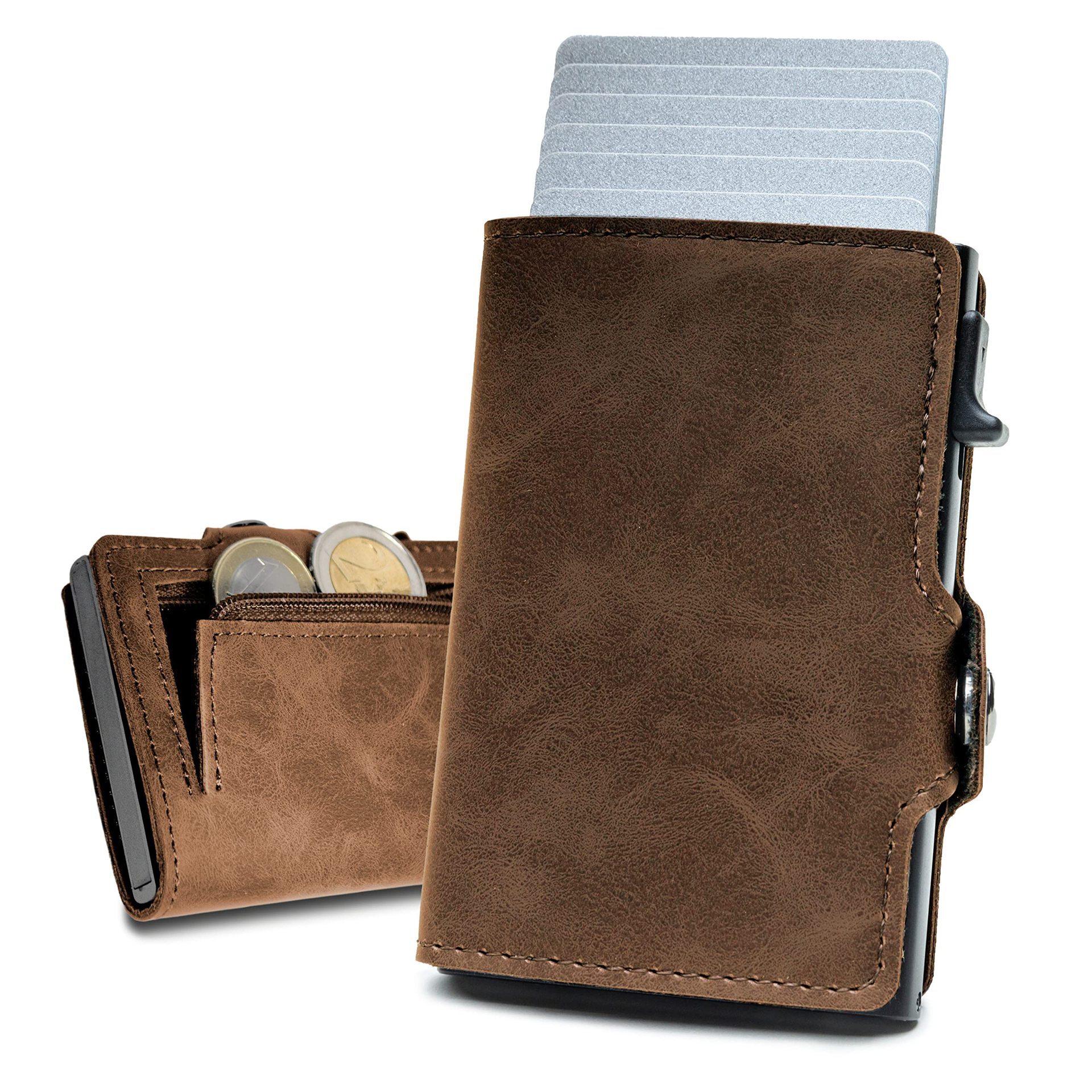 New Crazy Horse Metal with Button Head Layer Automatic Credit Box Anti magnetic Bank Card Bag Men's Wallet
