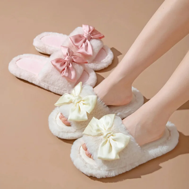 Ribbon Bow Women Home Slippers Autumn Winter Plush Solid Female Flat Slippers Soft Sole Non Slip Floor Lady Indoor Shoes 240713
