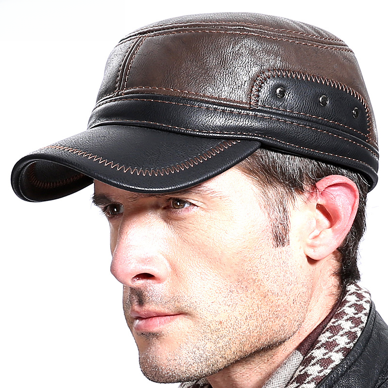 22 outdoor middle-aged and elderly men's velvet imitation leather hat winter cold-proof flat cap European and American peaked cap leather cap w