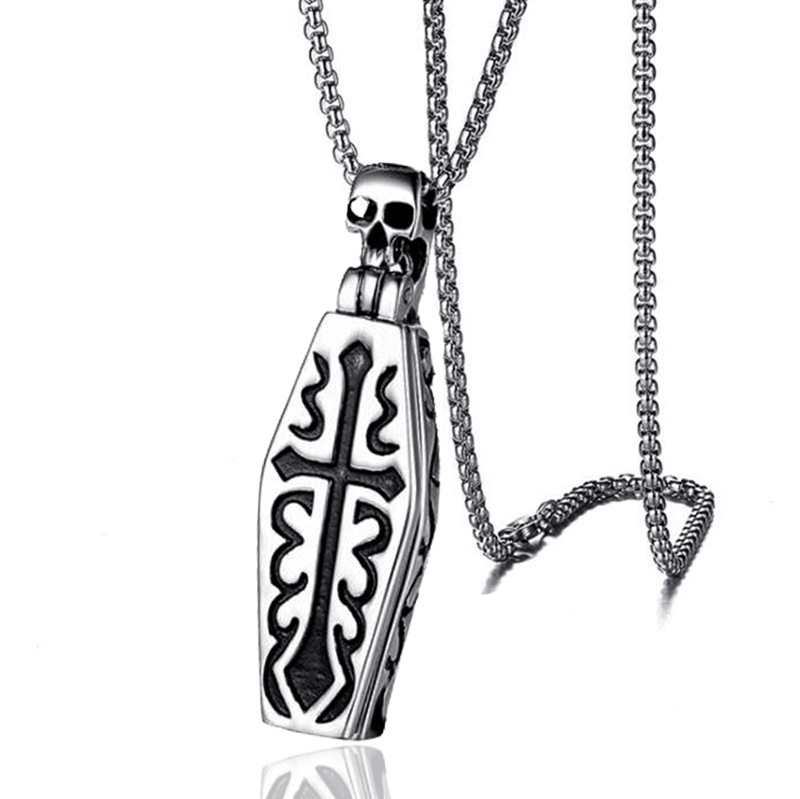 Death titanium steel necklace men's domineering coffin pendant men's European and American cross pendant accessories long chain wholesale