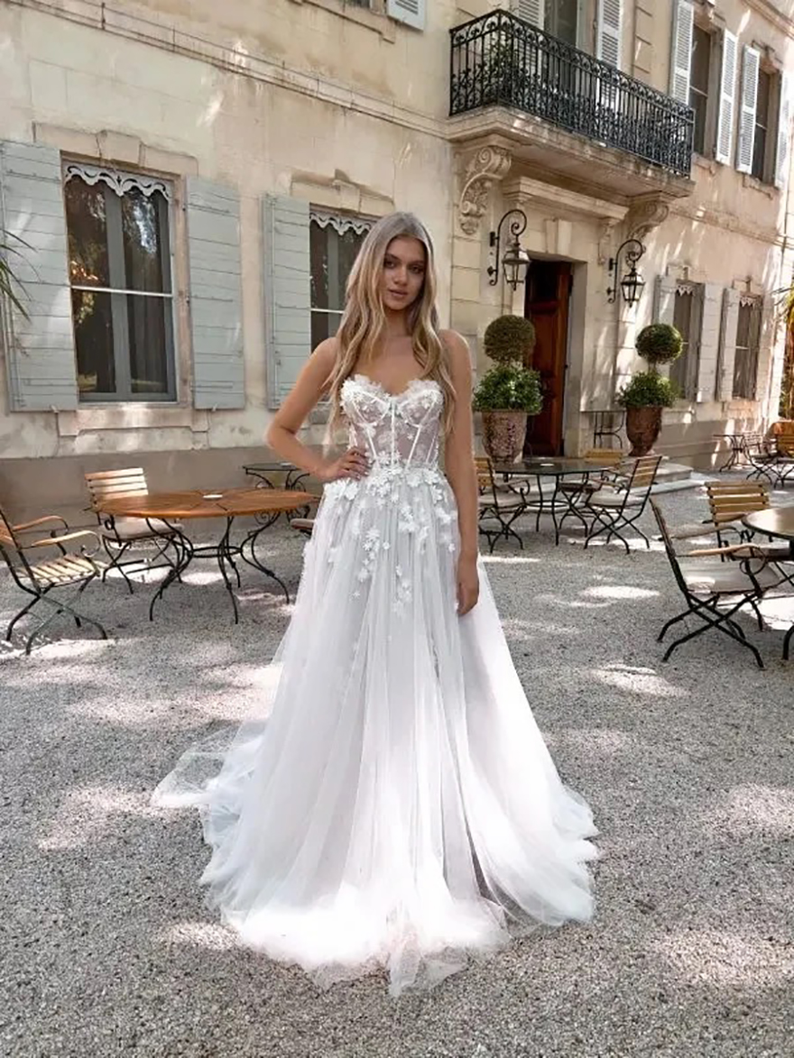 Robe De mariée ligne A en dentelle, élégante, avec des appliques De fleurs 3D, manches bouffantes détachables, fente latérale, style Boho, pour l