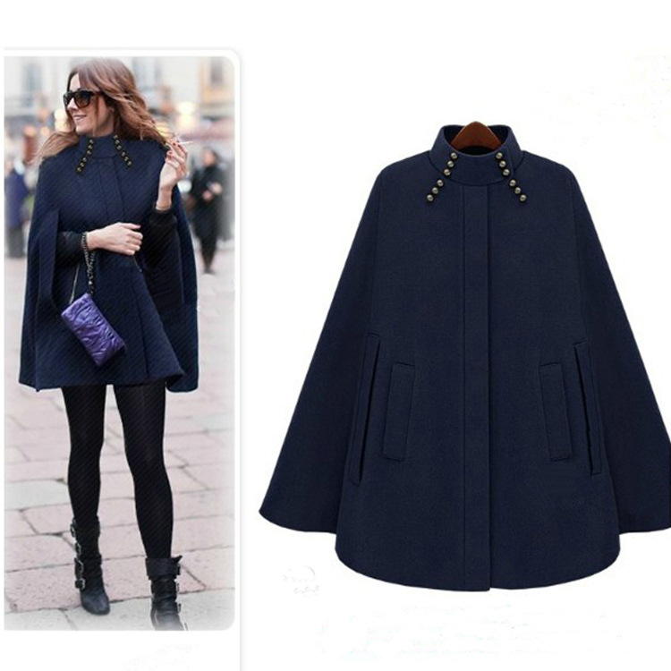 Automne et hiver nouveau manteau féminin avec huit boucles de style européen et américain beau manteau châle de chameau bleu