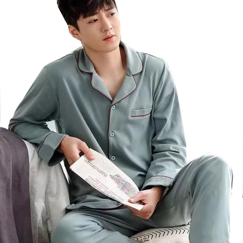 Mens Spring And Fall Cotton Pajamas LongSleeved Home Wear Casual Outwear Big Yards Boys Suit 240713