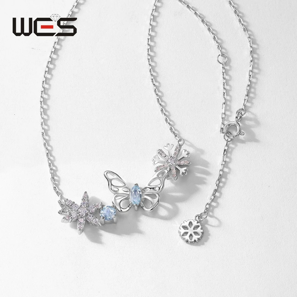 WES 925 Sterling Silver Topaz 3A Zicron Fine Jewelry Necklace For Woman Snowflake Butterfly Shaped Parrty Christmas Gifts Trendy 240719