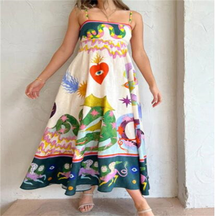 Basic Casual Dresses Elegant Print Colorful Long Dress Women High Waist Spaghetti Straps Backless Sexy Aline Ladies Summer Beach Vaction Robe