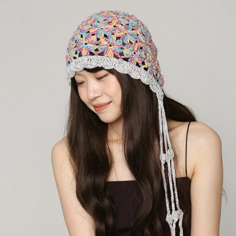 Korean Fresh and Cute Hand-woven Fringed Womens Caps Summer Hollow Breathable Travel Versatile Color Knitted Beanies Hat 240717
