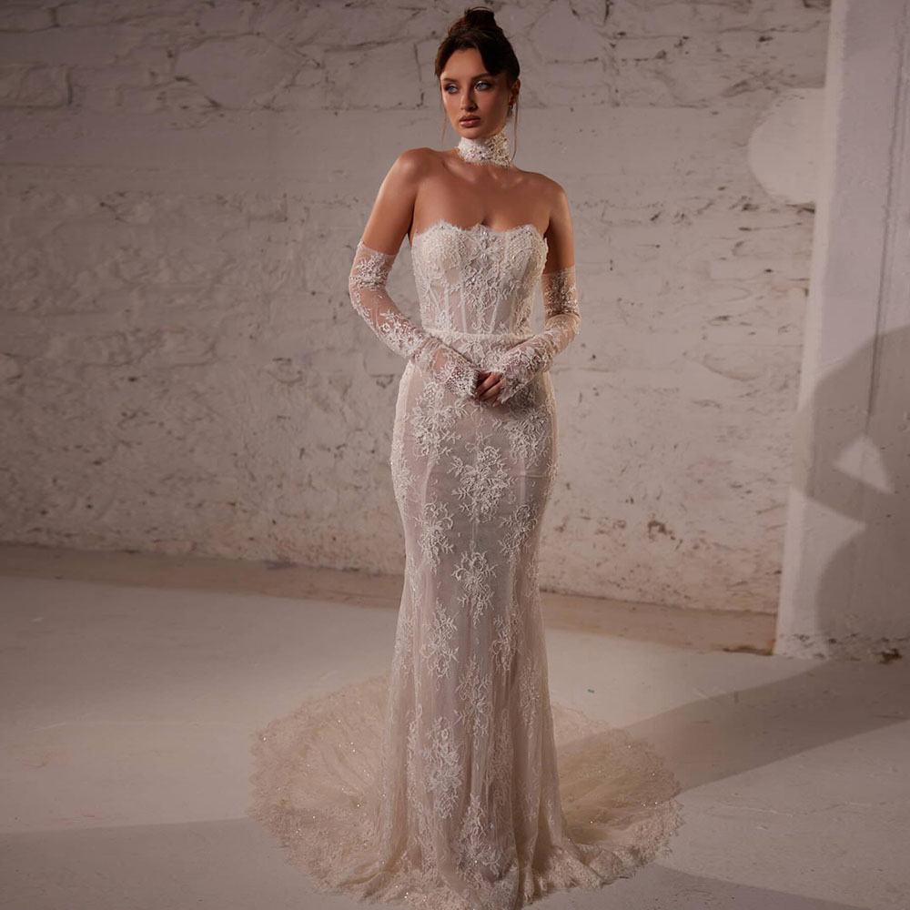Superbes robes de mariée sirène 2024 sans bretelles dentelle appliquée robes de mariée grande taille saoudien arabe dubaï robe de mariée