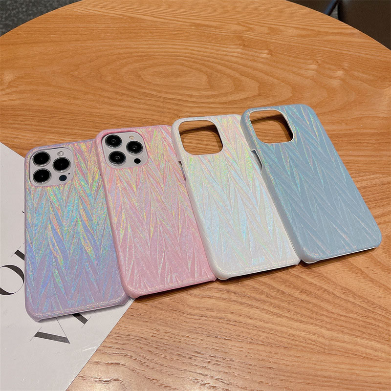 Iridescent Designer Phone Case for Apple iPhone 17 16 Pro Max 15 14 13 Luxury PU Leather Laser Diamond Hardwares Velvet Lining Back Cover Coque F-image-882753537
