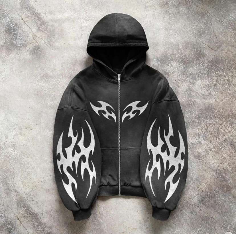 American Oversized Hoodie Retro Distressed Gothic Punk Style Printed Graffiti Sweatshirt Street Casual Fashion Pullover 240719