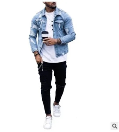 2024 SpringSummer Polo Mens Denim Jacket Tear Irregular Bleach Fashion Casual 240718