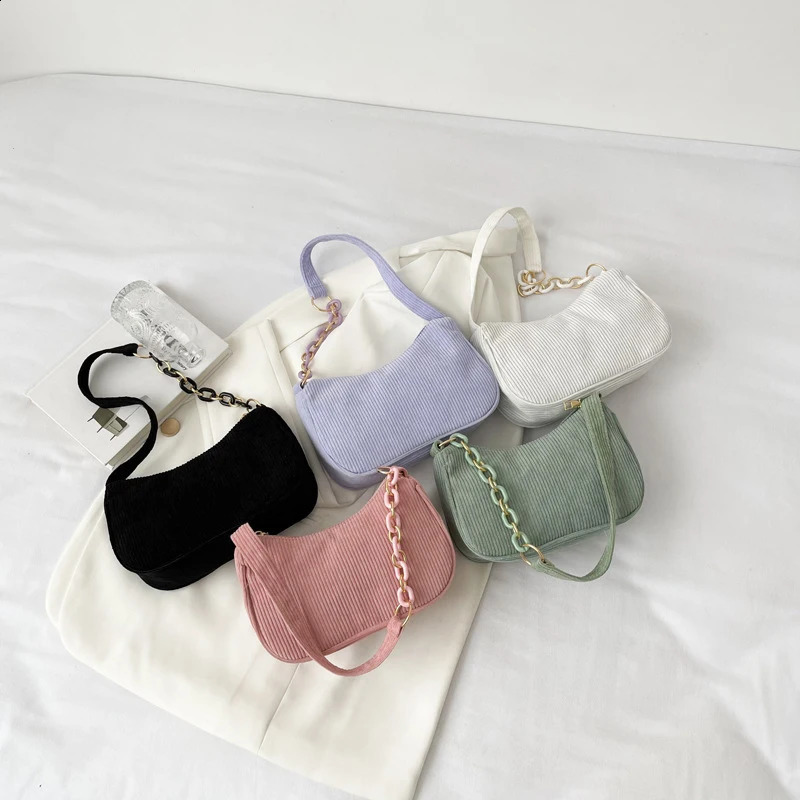 Fashion retro womens handbag Corduroy Underarm bag casual shoulder solid color zipper clutch 240722Z