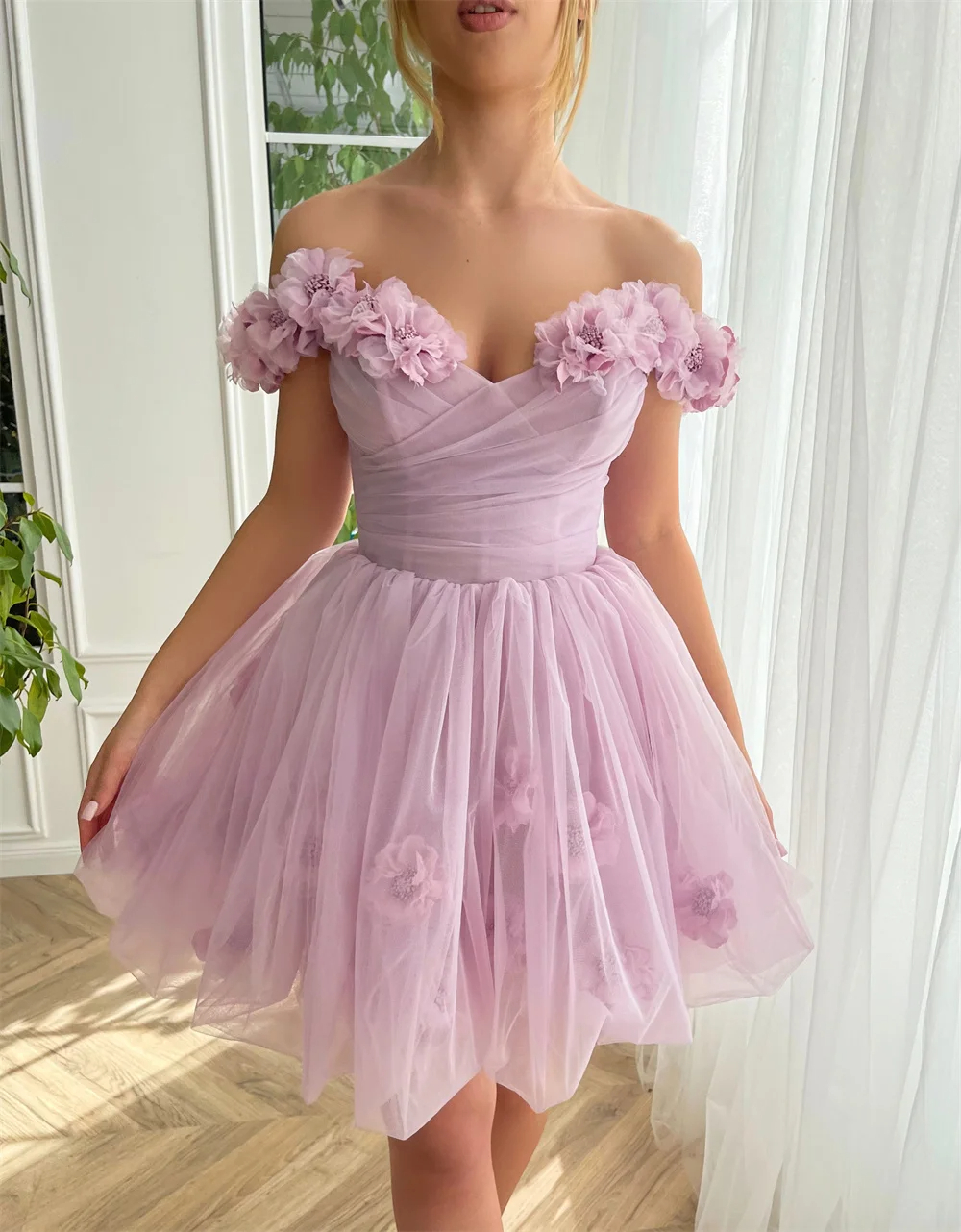Robes de soirée courtes Fleurs roses Hors-épaule à lacets Robe de bal Tulle Sweetheart Plus Size Cocktail Occasion formelle Cocktail Prom Party G