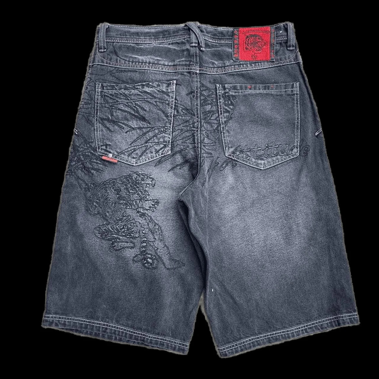 Summer casual shorts hiphop goth Y2K mens embroidered retro black denim gym basketball pants wide leg streetwear 240722Z