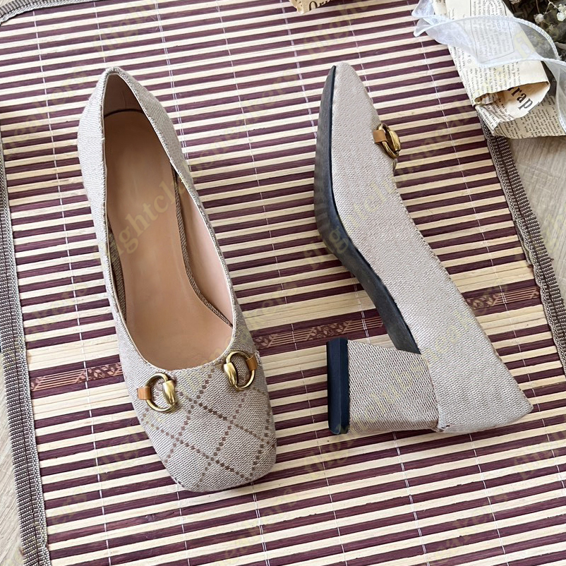 New designer heels mid heel block heel square toe horsebits pumps 5cm dress shoes beige navy canvas black white brown luxury womens leather wedding