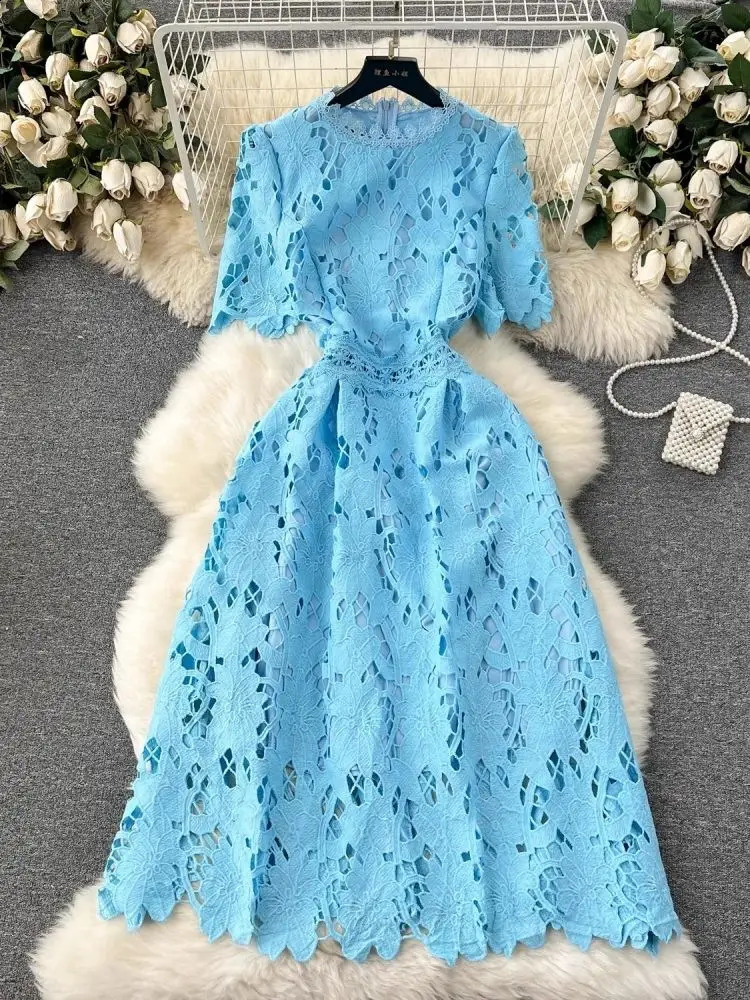 Elegant Water Soluble en dentelle à fleur broderie creux de robe midi pour femmes o coude courte couleurs de couleur décontractée Vestido 240722