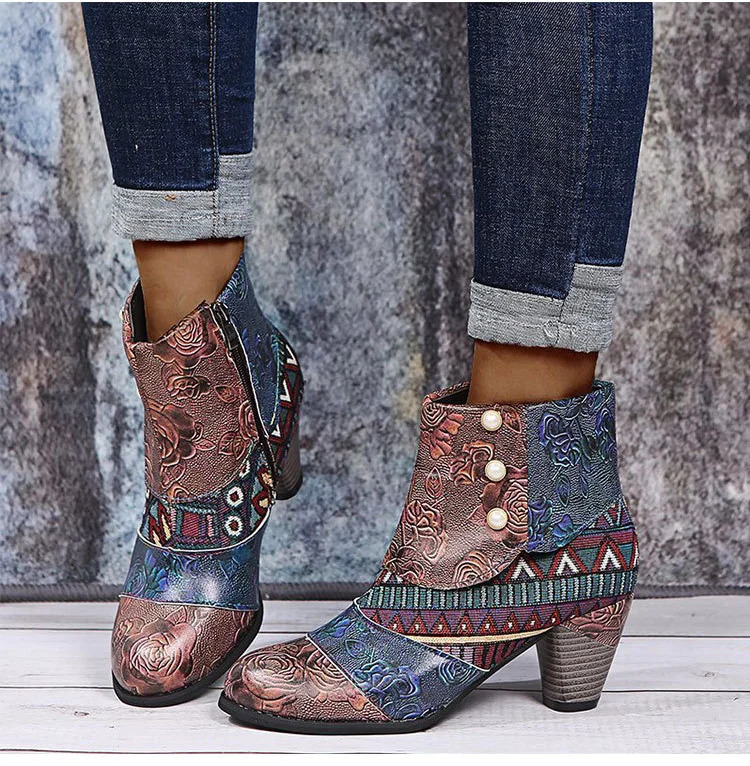 Ankle Boots Women Autumn PU Womens Shoes Ethnic Waterproof Casual Vintage Shoes Zipper High Heel Short Boots Botas Mujer 240716