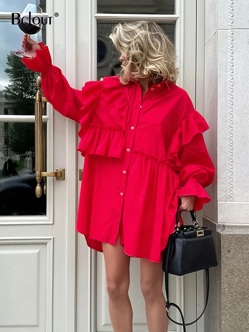 Bclout Fashion Ruffled Red Dress Women Elegant Office Lady Patchwork Sexy Shirt Dress Autumn Cotton Solid Mini Dresses Chic 240715