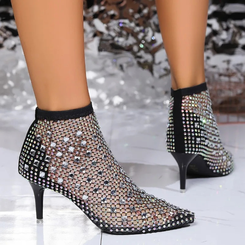 Womens High Heels 2024 Summer Fashion Hollow Dot Toe Sexy Elegant Rhinestone Thin High Heels Womens Sandals Large Size 43 240719
