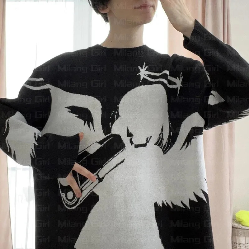 Y2K Unisex Pullovers Sweaters Angel raises gun Knitted Streetwear Maiden Oversized Harajuku O Neck Knitwear Men Womens Clothing 240715