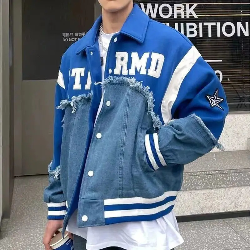 Retro Harajuku Patchwork Y2k Baseball Jean Jacket Casual Loose Couple Coat Hip Hop High Street Denim Women Streetwear 240716