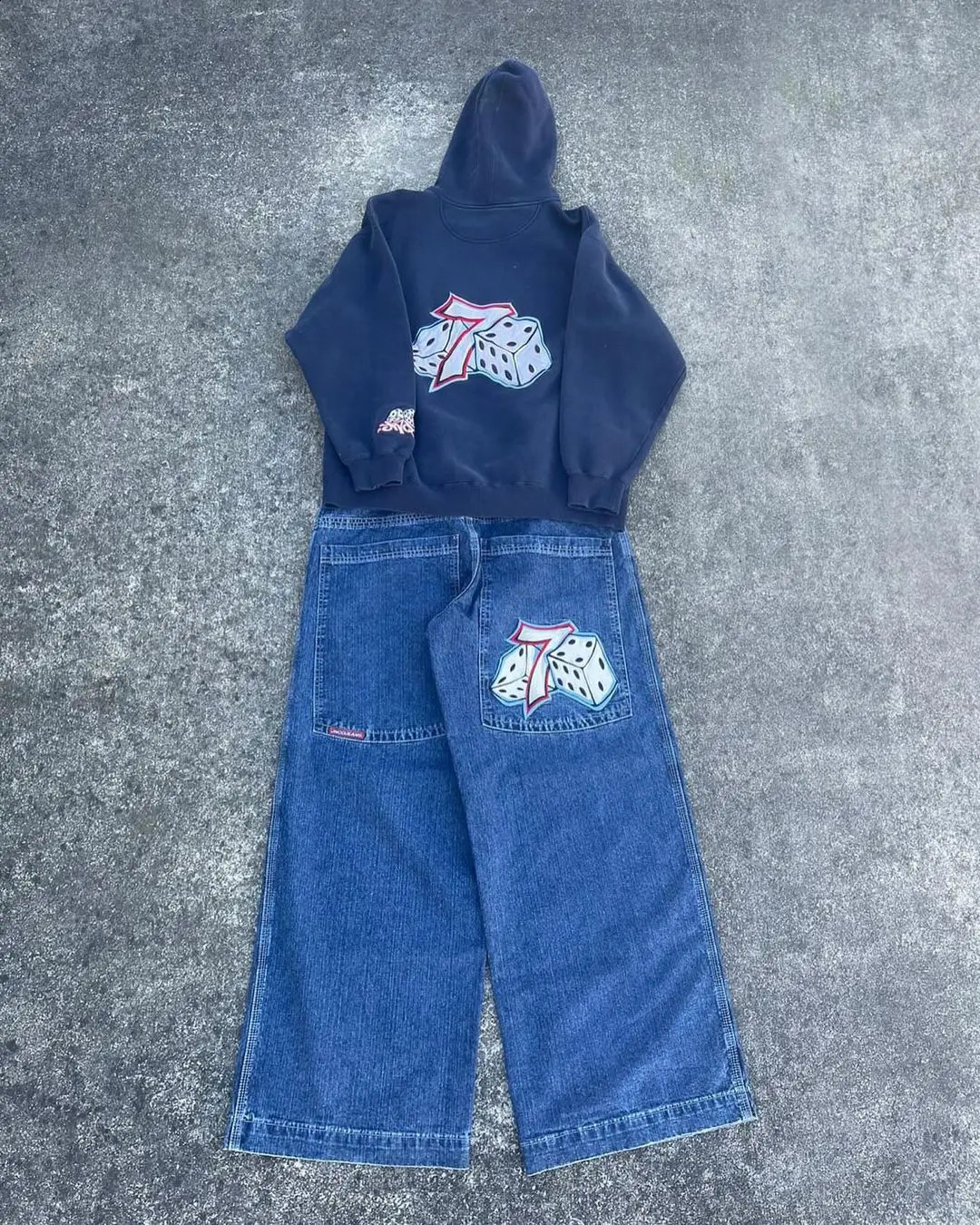 Harajuku JNCO Y2K Embroidered Bag Jeans Hoodie Two Piece Set Retro Street Mens Wear Wide Leg 240722