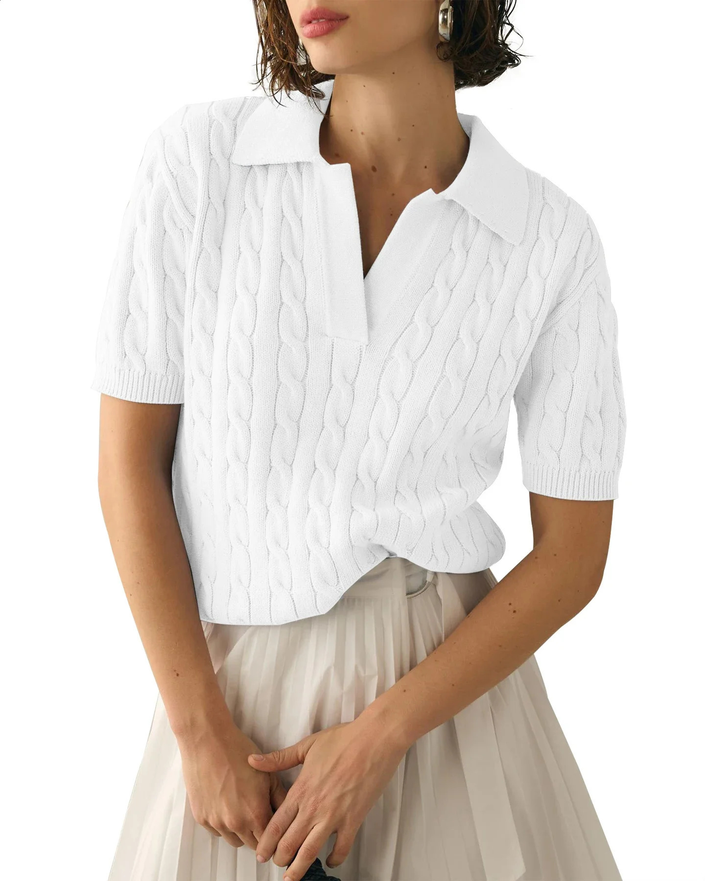 Casual White Cable Knit Short Sleeve Sweater Pullover Spring Summer Solid Color Fashion Soft Lapel V Neck Knitted Top Y2K 240627